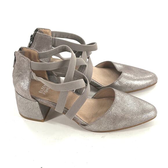 Eileen Fisher Juku Heels 5.5 NWOT Pumps Strappy Comfort Silver Gray Acadeia Prep - Picture 3 of 7